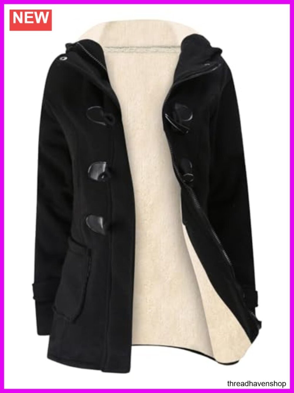 Sherpa Lined Toggle Coat Hooded Fleece Jacket with Pockets